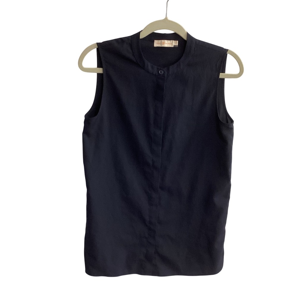 Tory Burch Sleeveless Top Button Down Collared Blouse Blue Size 4 Hidden Buttons